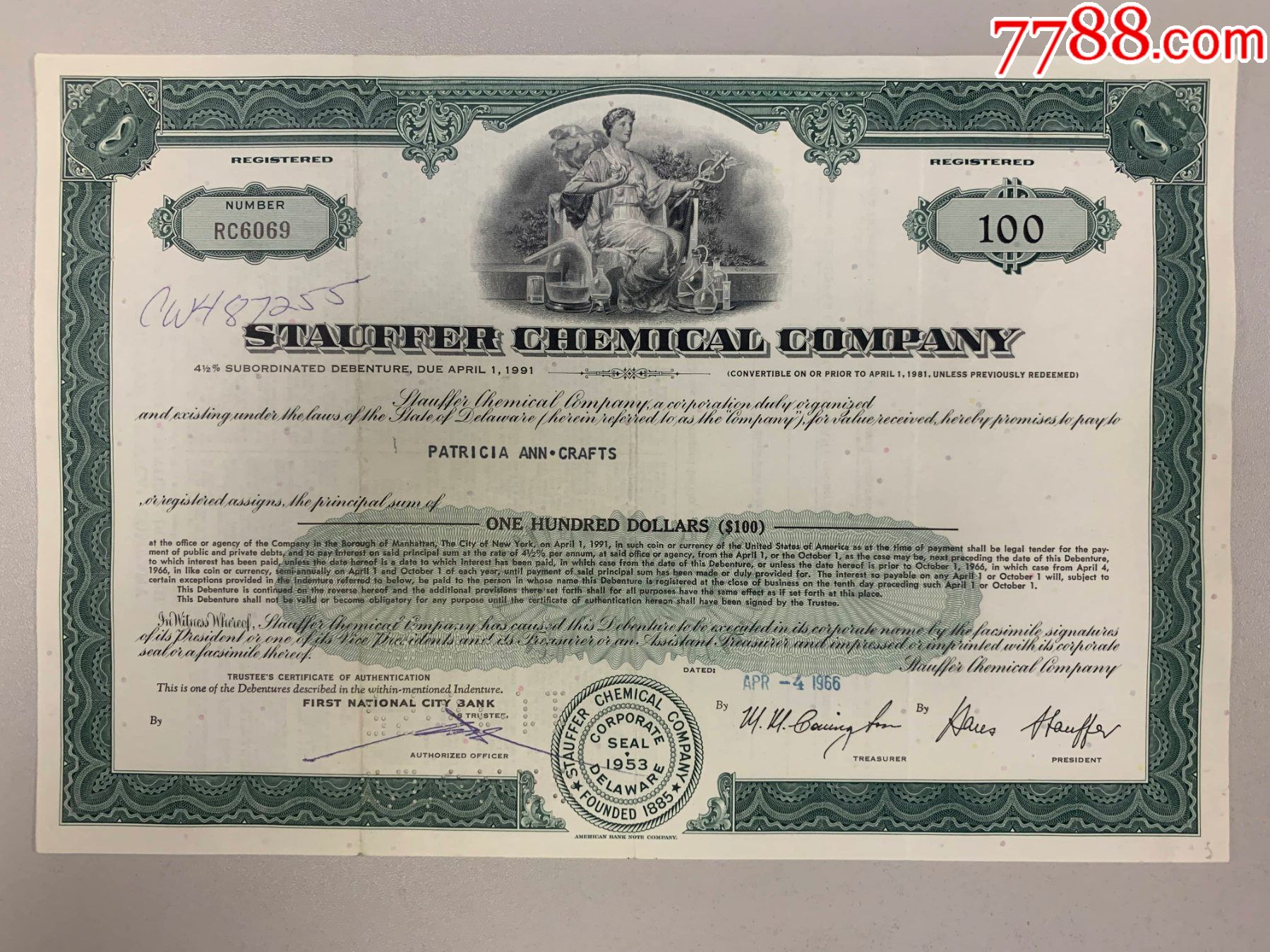 美国债券收藏1966年斯塔夫化学公司债券绿色100美元