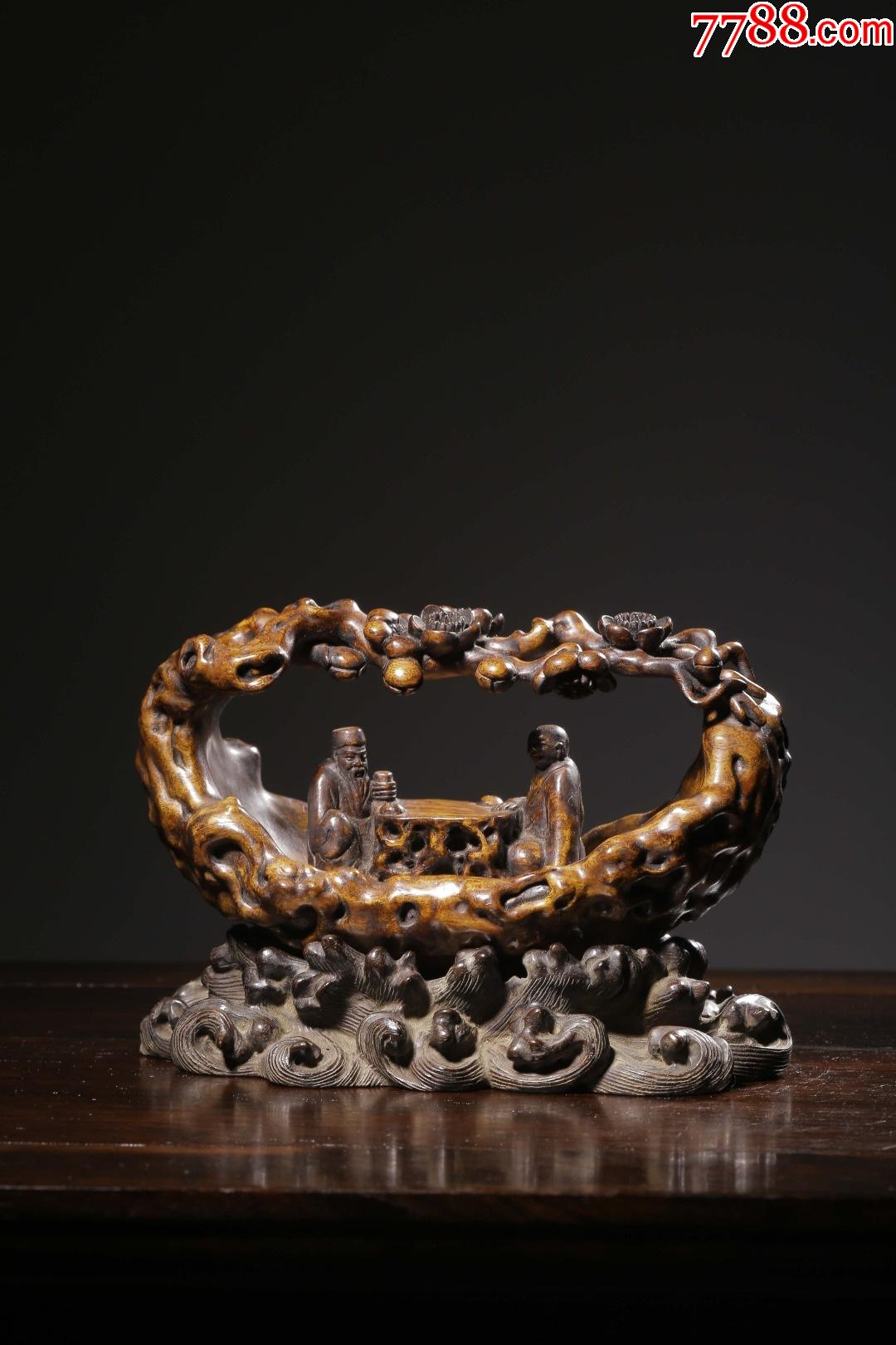 民国海南黄花梨雕梅花高士雅集文房摆件原配小叶紫檀底座