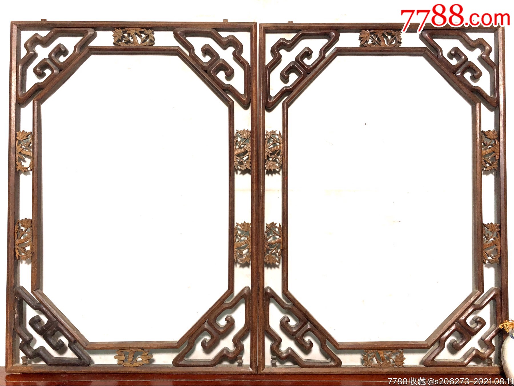 晚清花梨木花窗画框一对