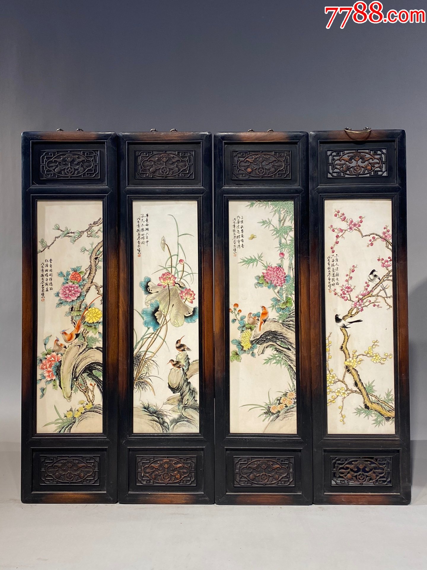 小叶紫檀雕刻精品老框镶瓷板手绘粉彩花鸟花鸟四条挂屏