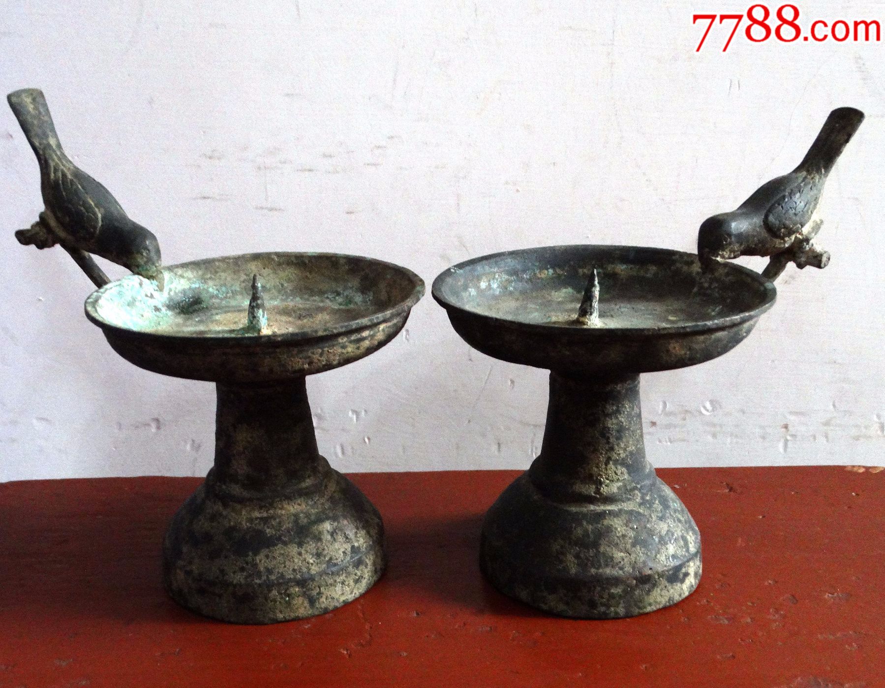 97古玩古董收藏老货包真老物件汉代清代民国铜雀鸟形蜡台一对完好