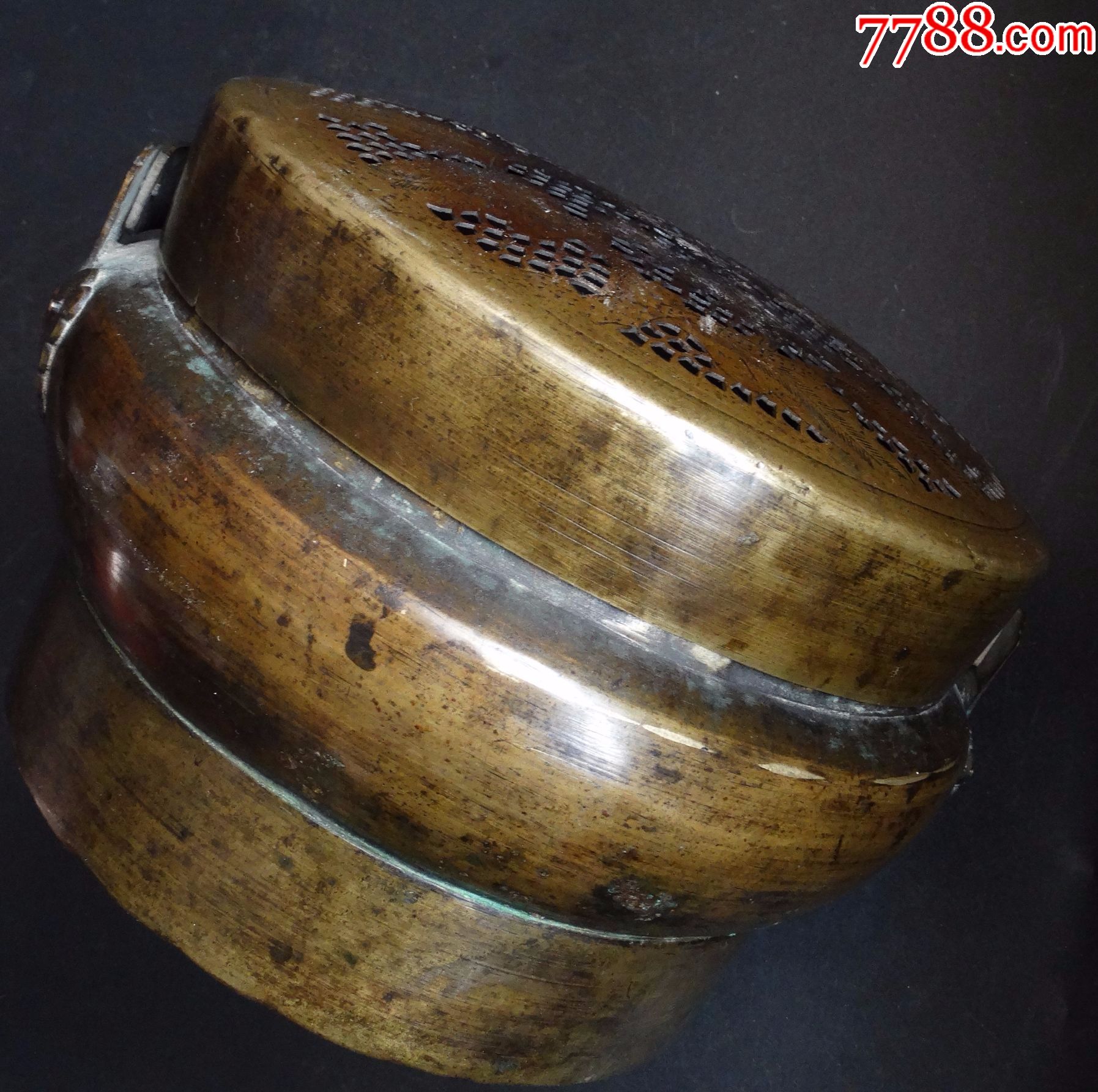 10406#古玩老货包真包老已鉴定清代黄铜花蝶纹镂空提环高足脚炉