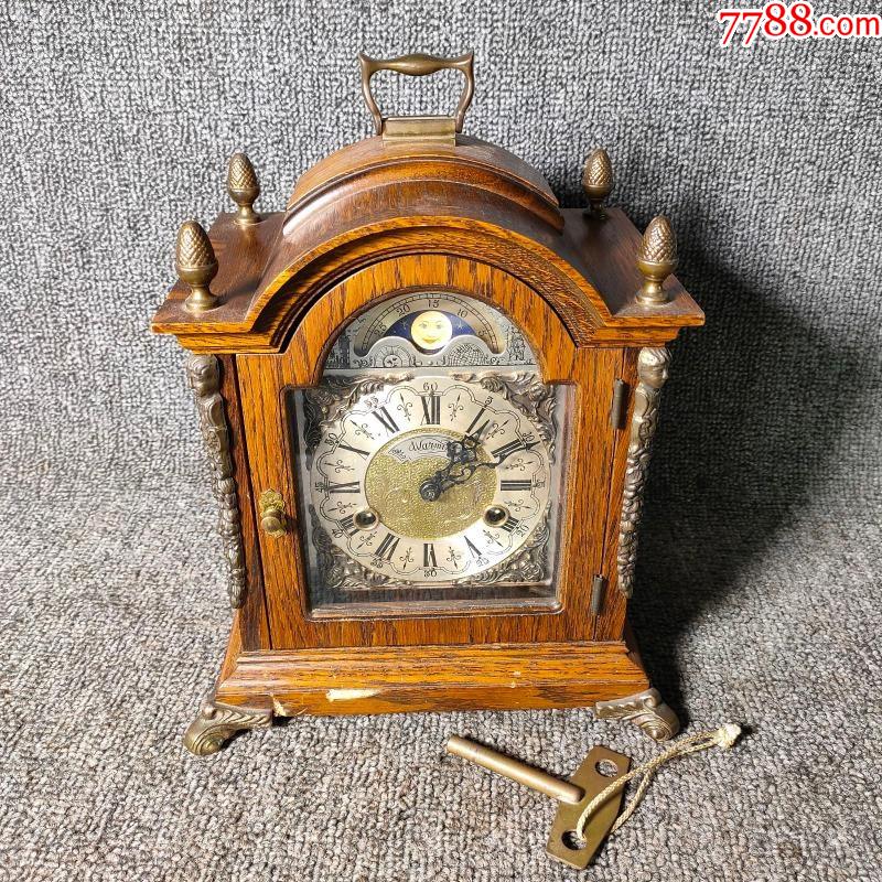 1950年代荷兰经典小提铃橡木机械发条座钟老式钟表走时工作带月相