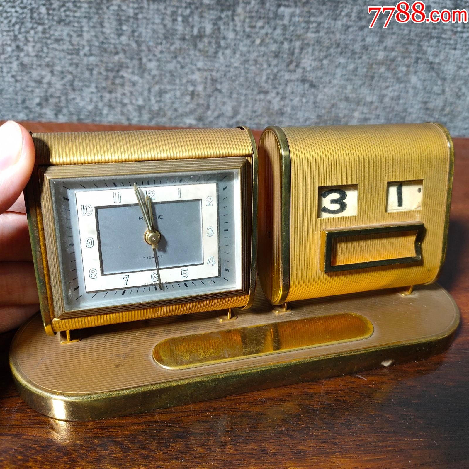 西洋古董黄铜rensie上发条日历地幔书桌时钟小闹铃座钟发条钟