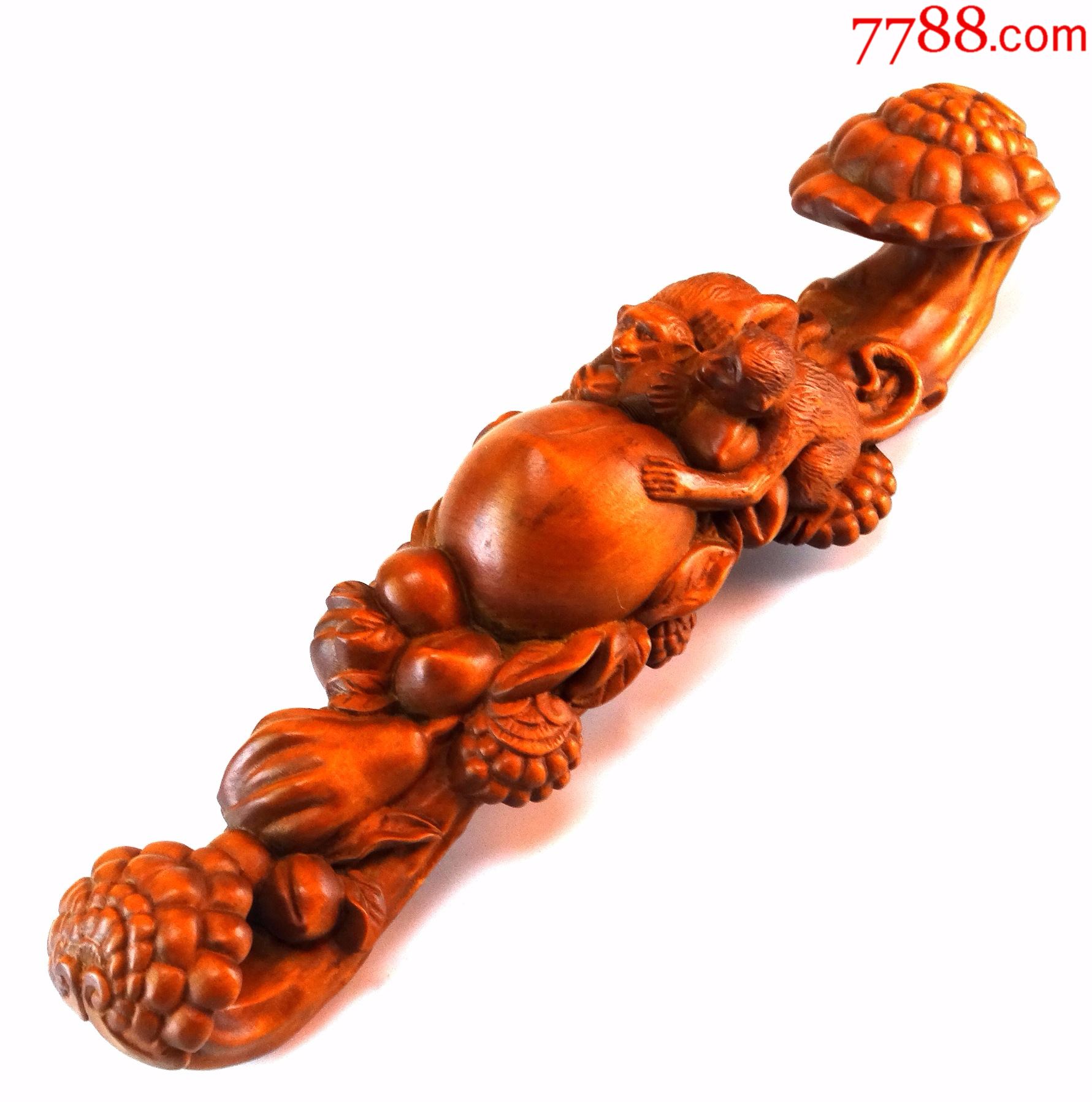 35#古玩古董木雕收藏山黄杨木精雕多福多寿多子多孙猴子如意摆件