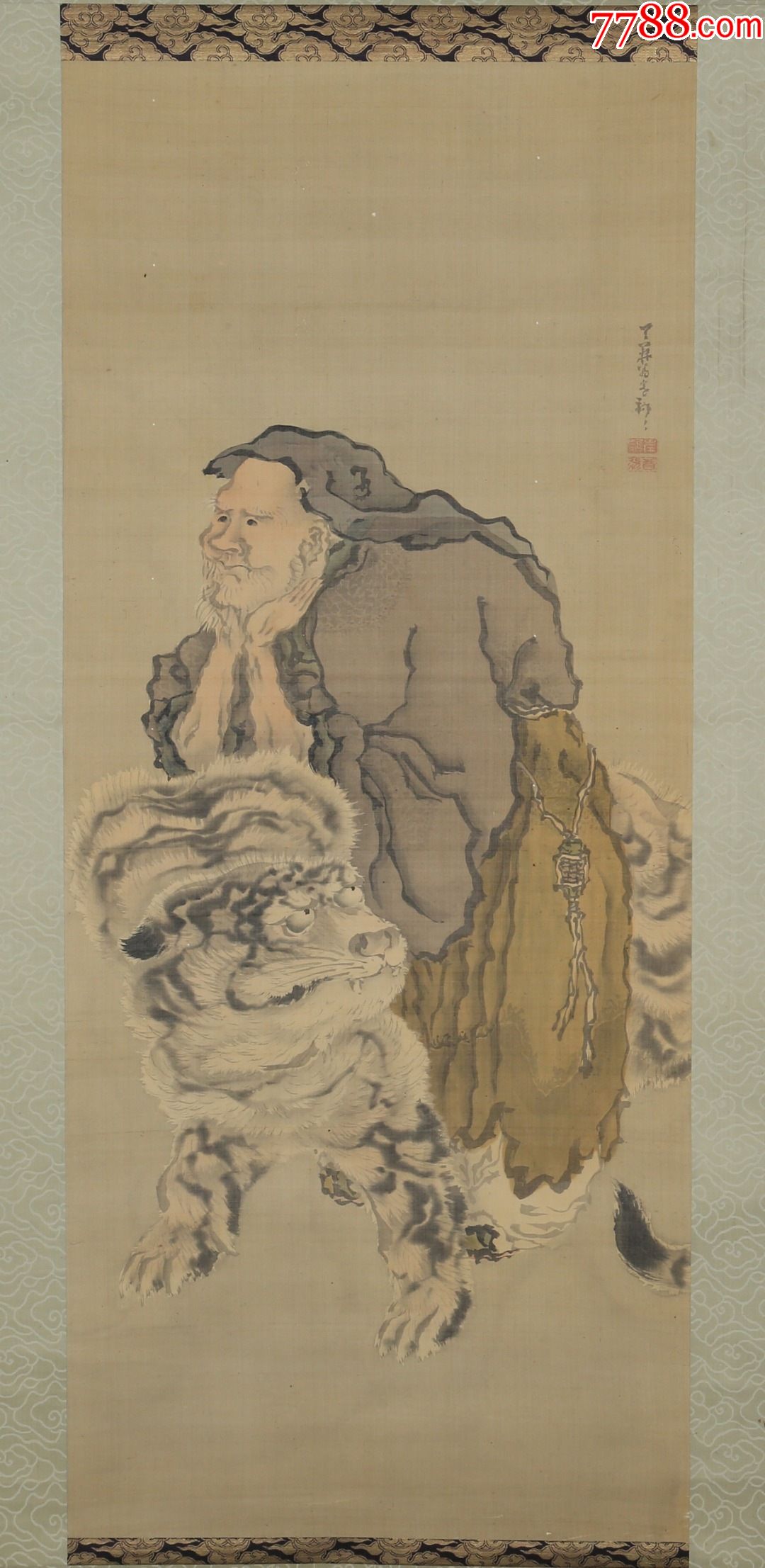 清代佚名老叟骑虎图绢本立轴原装原裱_人物国画原作_第2张_7788字画网