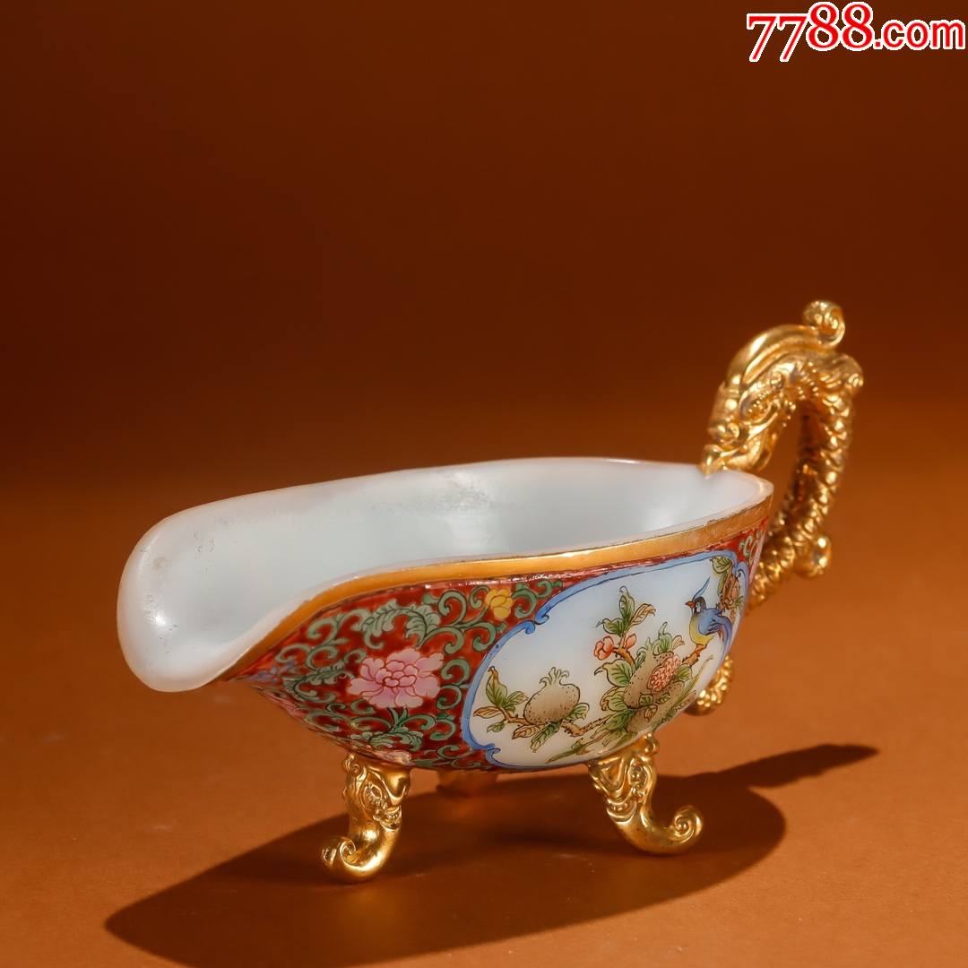 料器珐琅彩鸟语花香龙耳杯