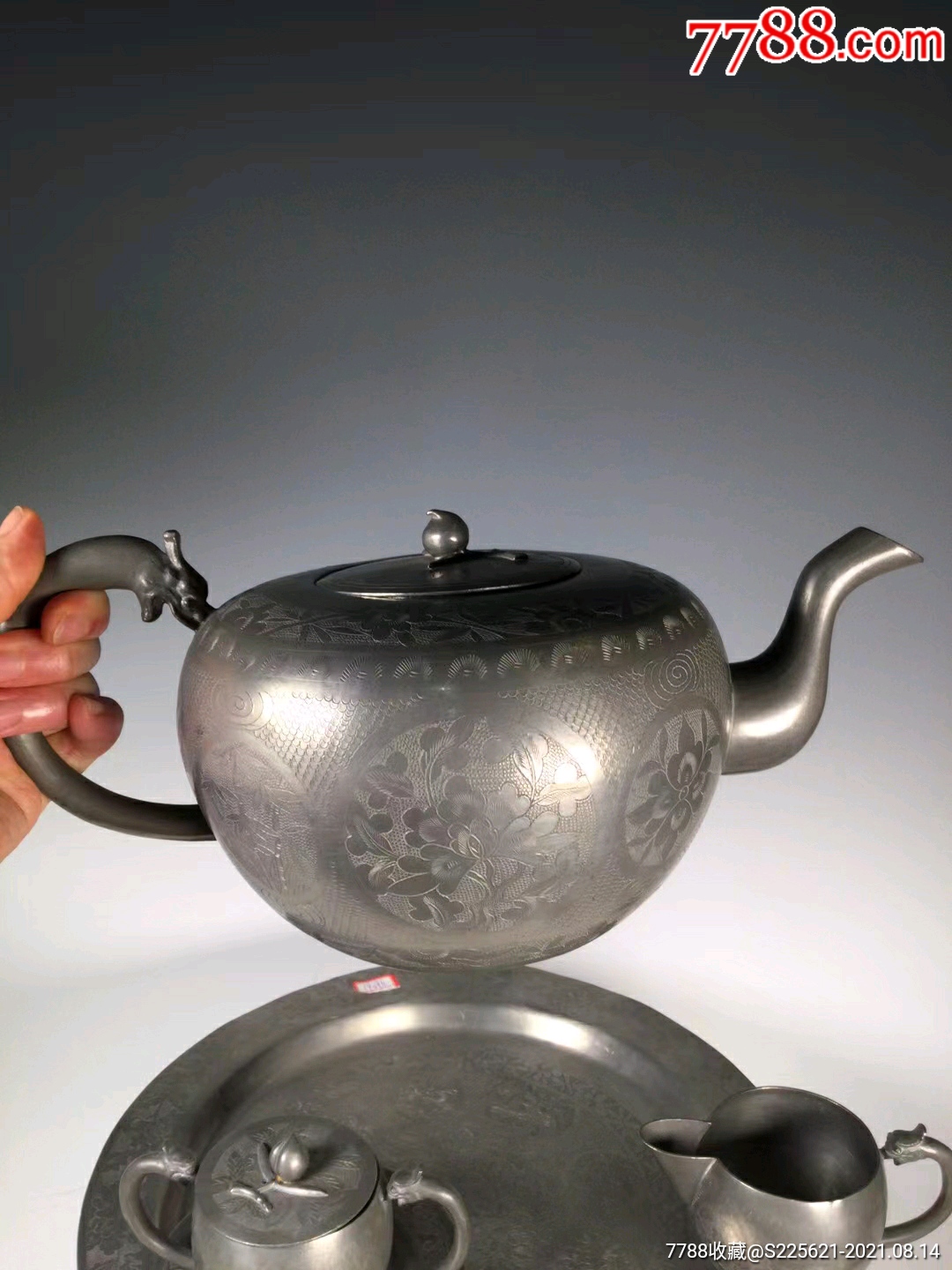 民国锡制点铜福寿茶具一套