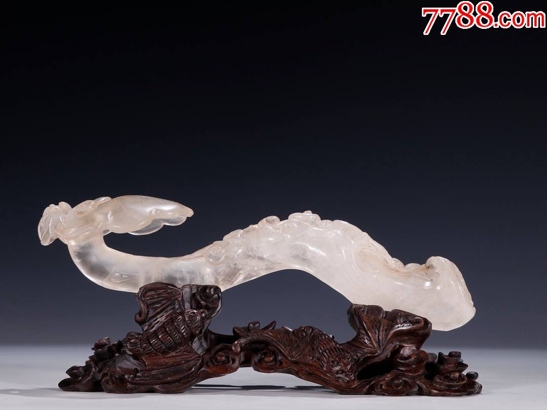 【老水晶带木底如意摆件】