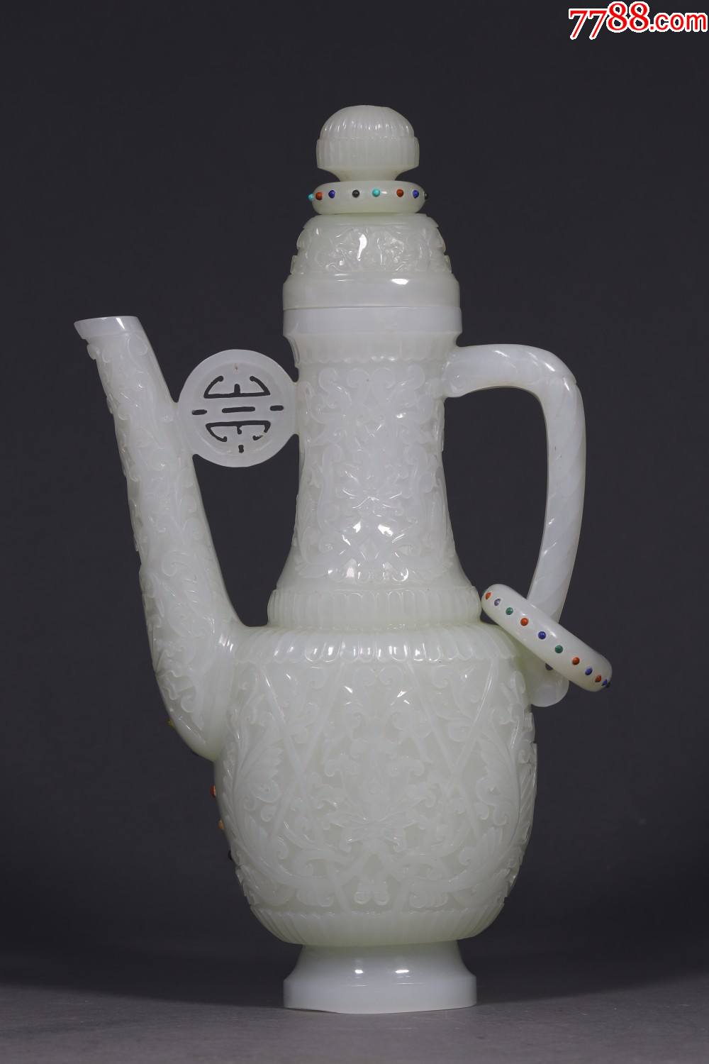 和田白玉嵌宝缠枝宝相花卉纹执壶