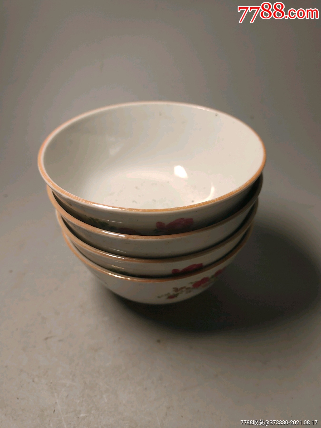 七八十年代浙江绍兴市场红花小碗4只