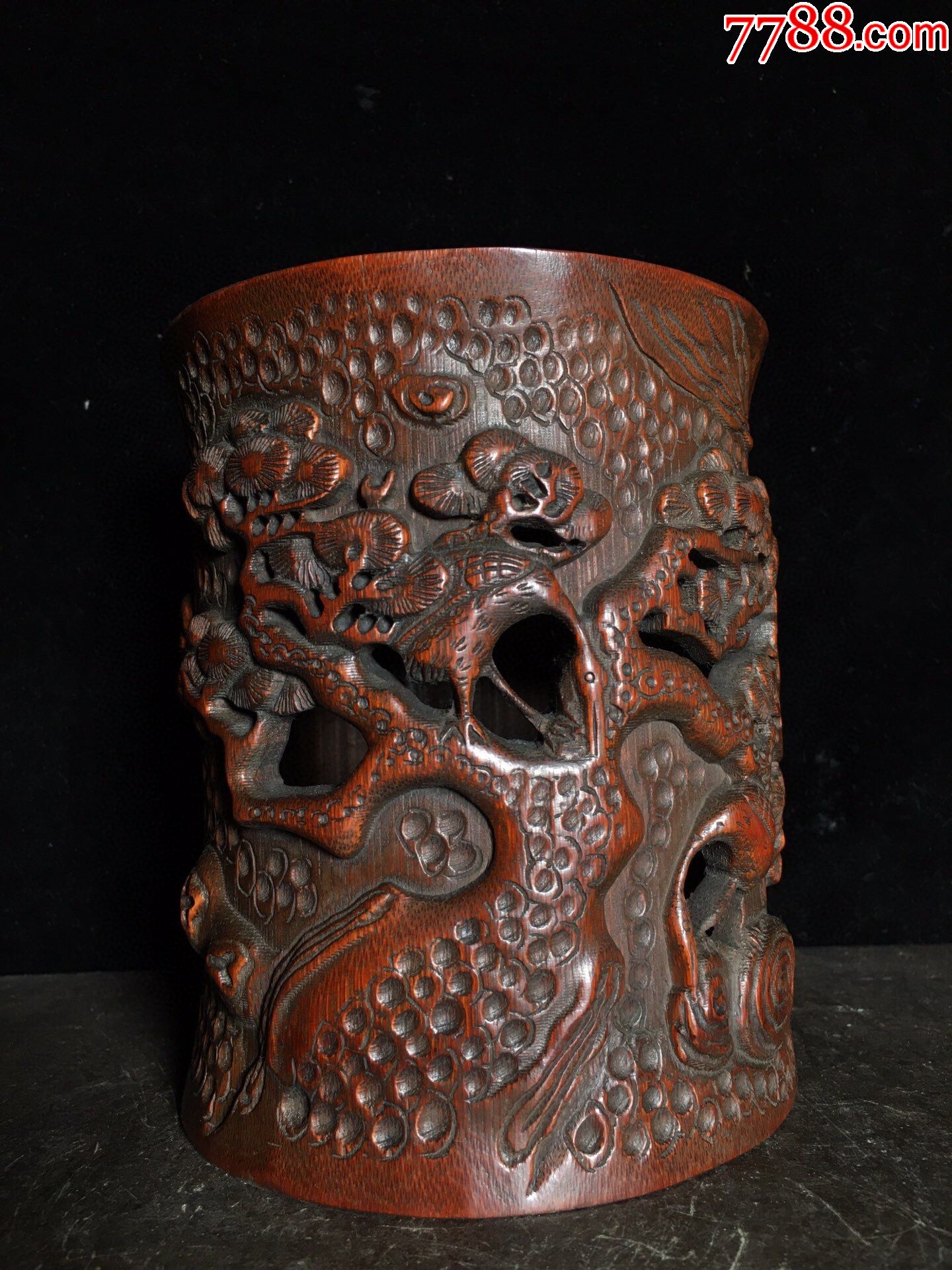 竹雕手工缕空雕刻松鹤延年笔筒