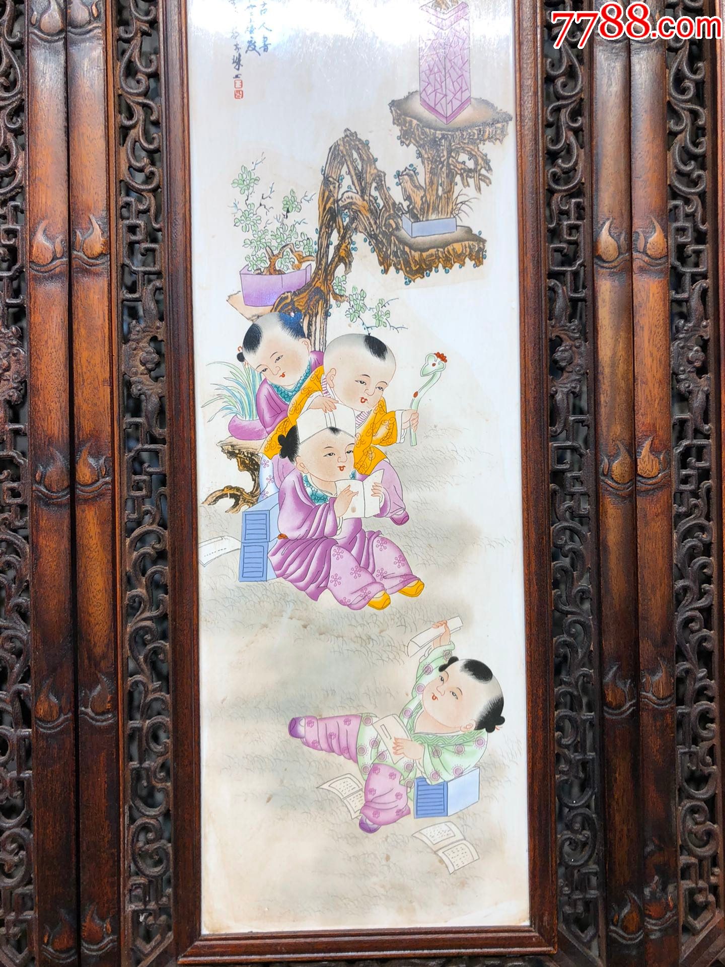 王大凡作品黄花梨雕刻老框镶瓷板画粉彩【琴棋书画】四条挂屏