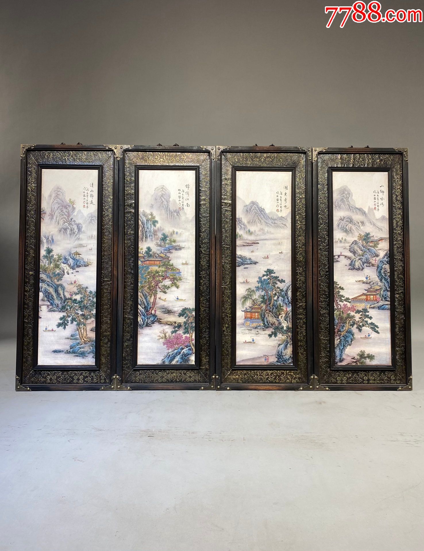 精品小叶紫檀雕刻老框镶瓷板画粉彩山水山水四条挂屏
