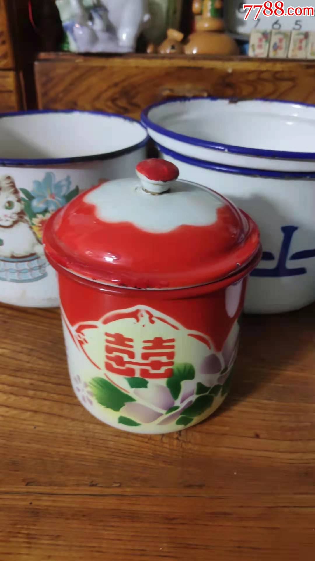 上世纪60-80年代搪瓷烤瓷搪瓷杯5只合售民俗老物品.总第244组