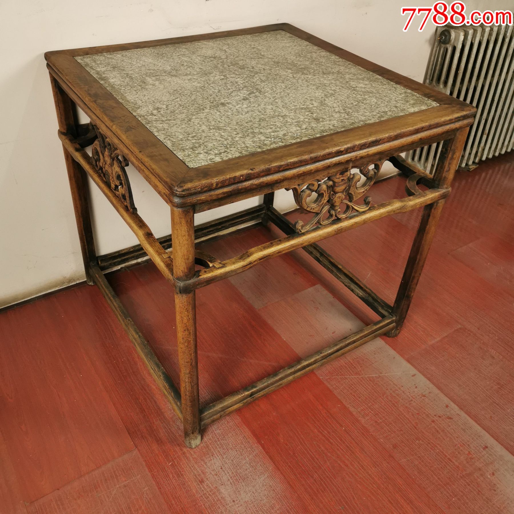 清代核桃木嵌石板八仙桌四方桌子茶桌木器家具古玩古董收藏老物件