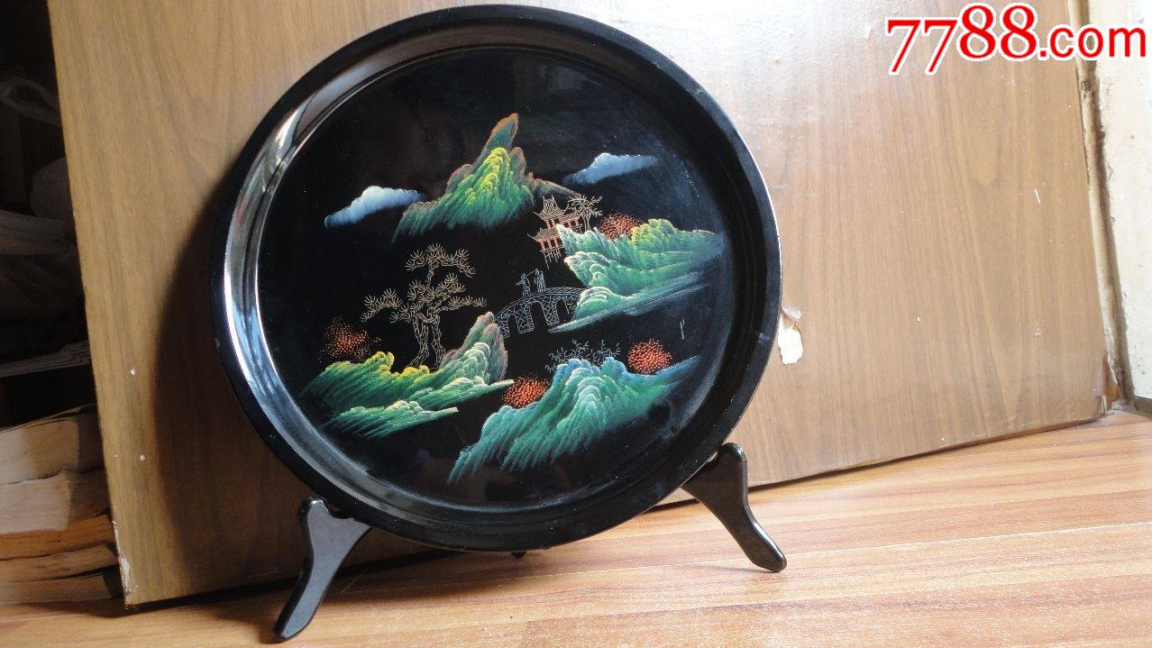 手工绘画山水大漆盘