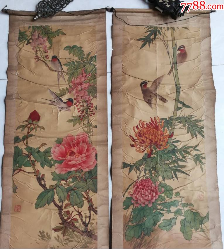 特价处理1957年田世光画四季花鸟图年画四条屏一套包老包真怀旧少见