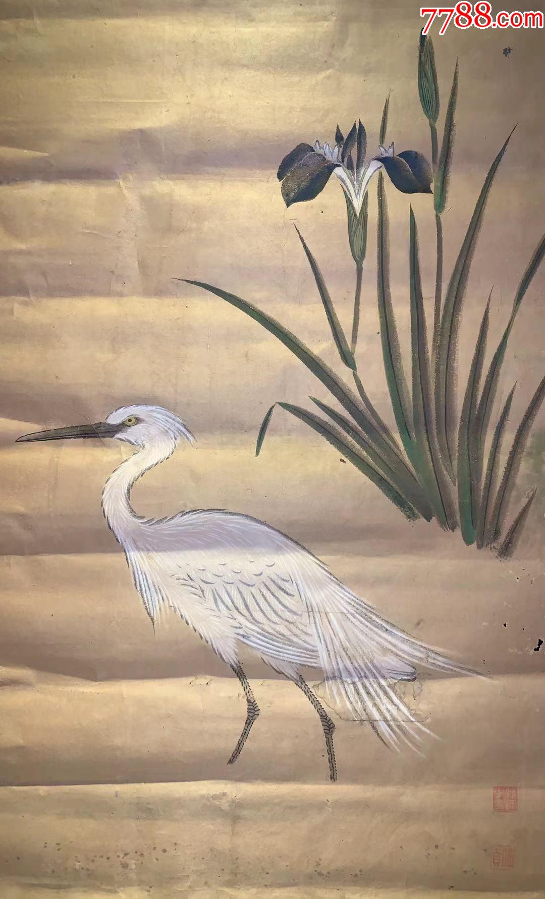 日本回流老字画纸本清代兰花白鹭图3565中古真迹书画