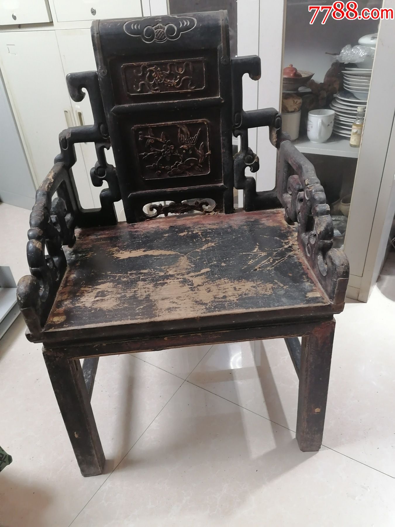 清代拐子龙及背雕花太师椅一把(应为樟木/92x57cm)_价格8500元【今古