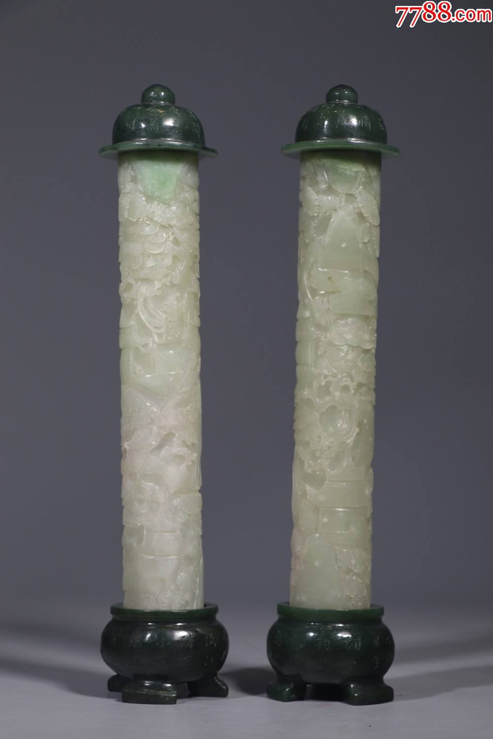 清和田白玉山水风景香筒一对