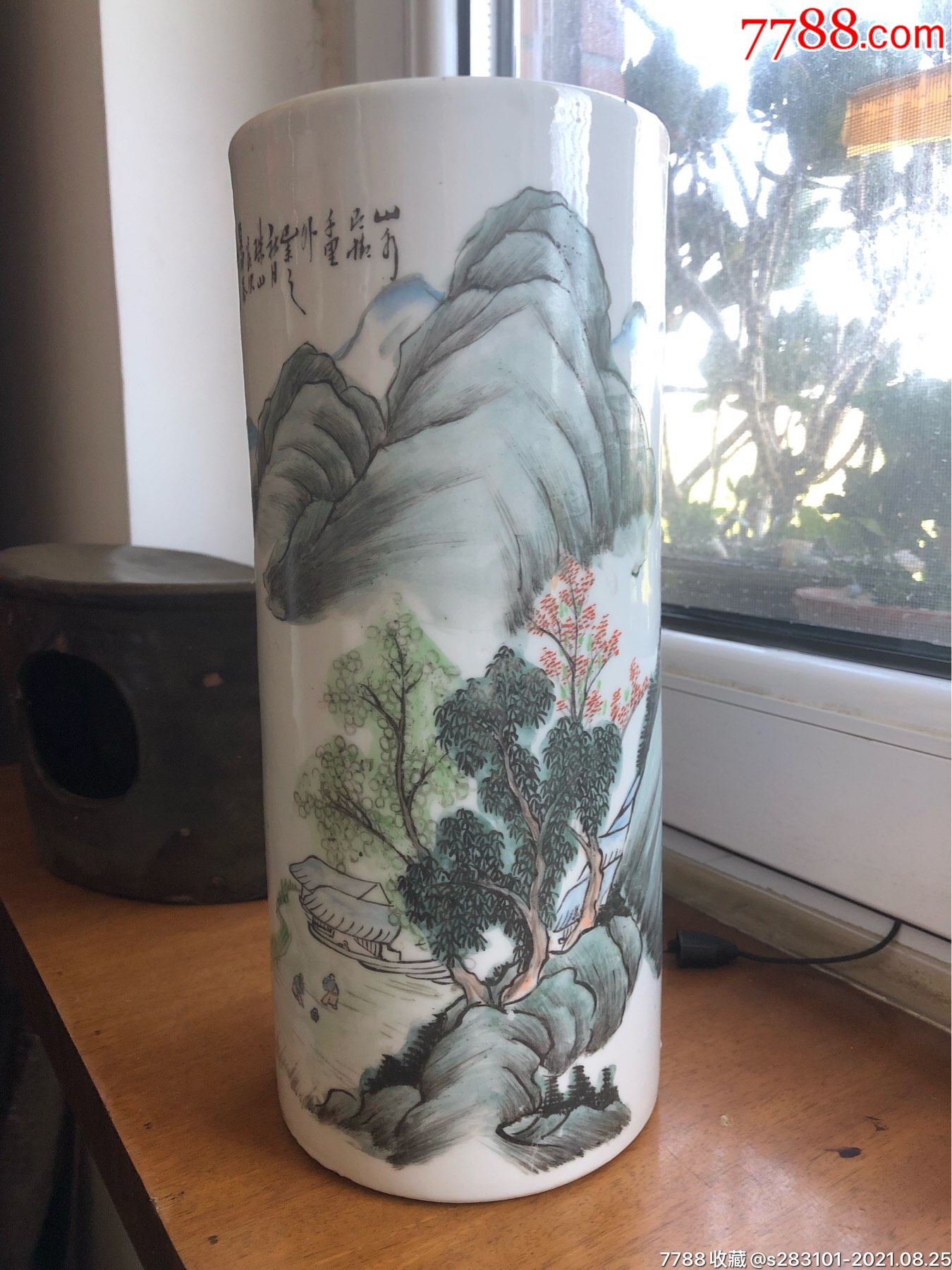清代晚期粉彩帽筒(有冲,不明显)高28.5,口径12.