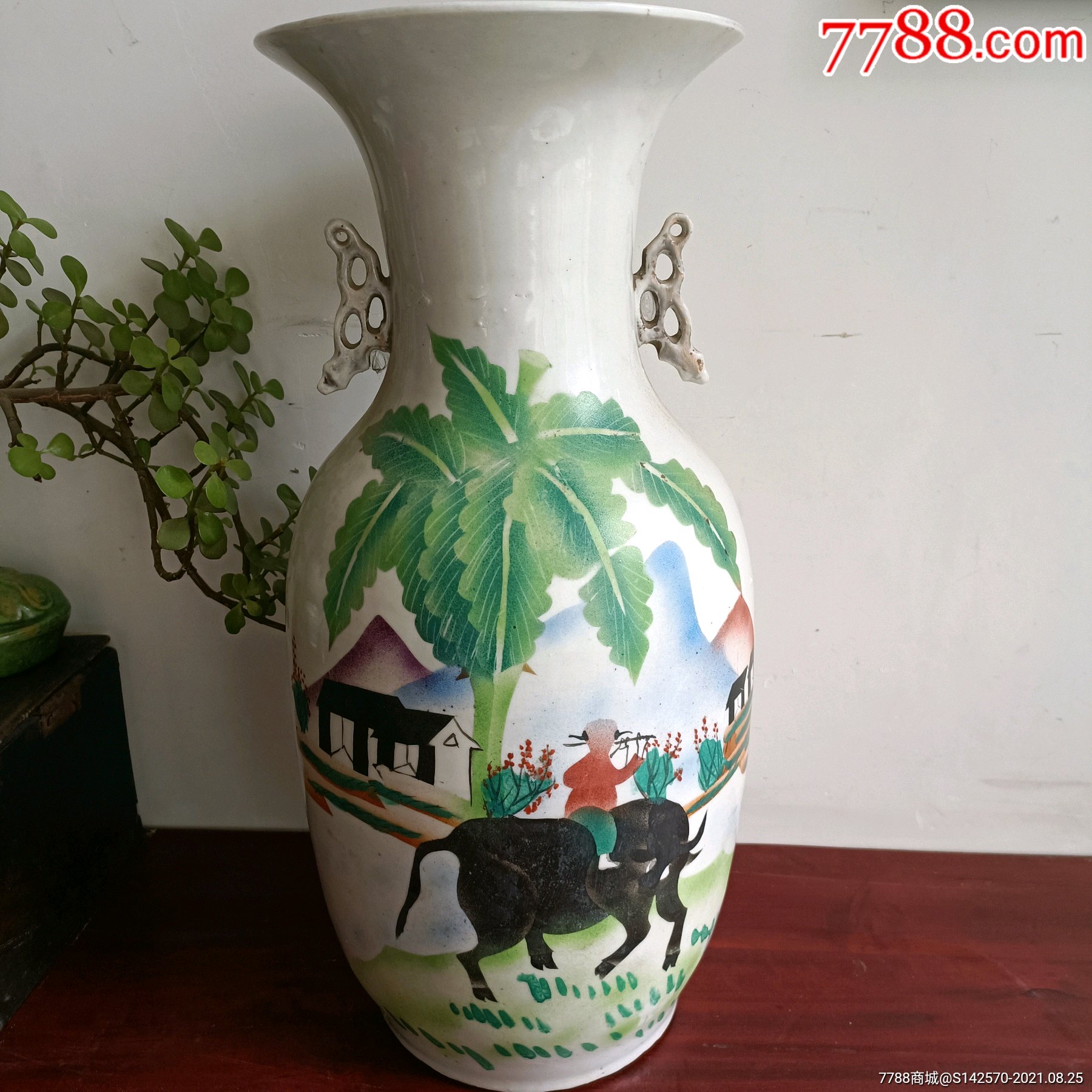 民国粉彩牧童骑牛大瓶仅口延小磕皮余全品如图保老保真