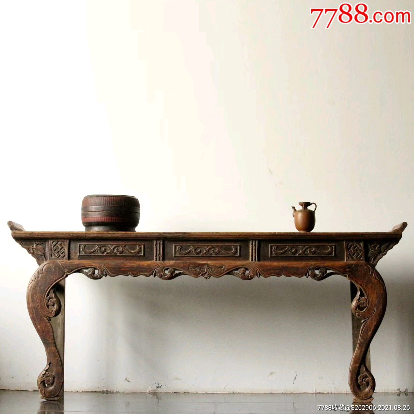 清代榆木弯腿雕花翘头供案古玩古董木器家具博物馆陈设会所摆设