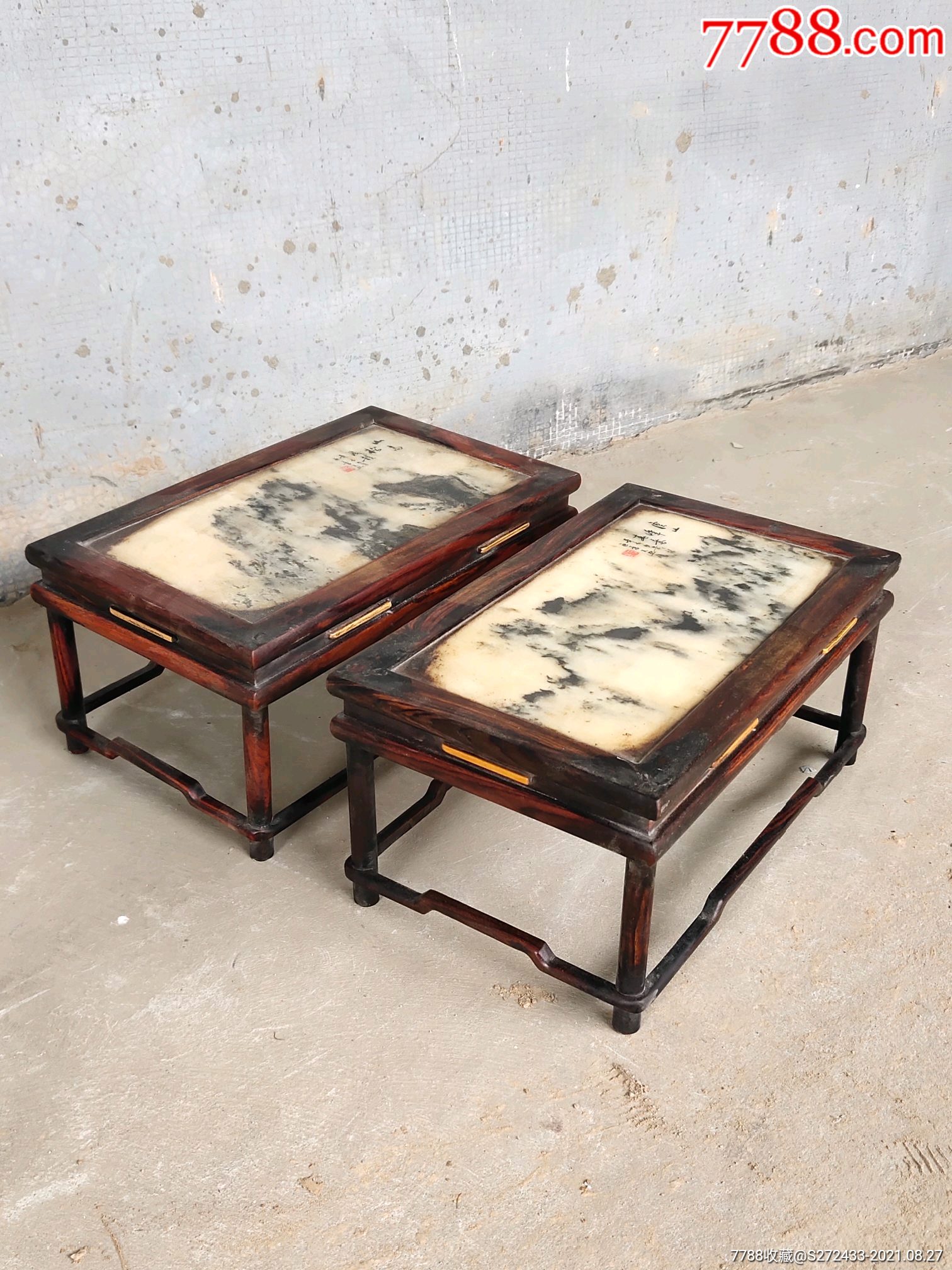 红木镶大理石茶桌一对,全品无修无残._木桌/几/案_收藏行情_回收价格_