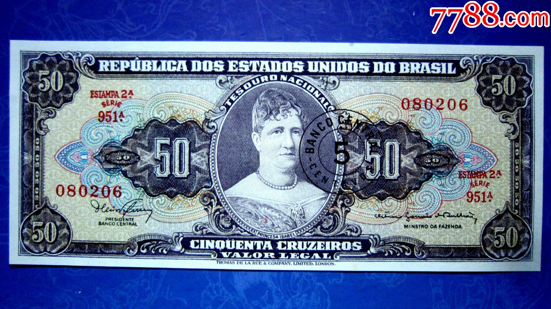 老版钞【保真精美外钞】巴西1966年50克鲁塞罗改值5【雕刻凸版】