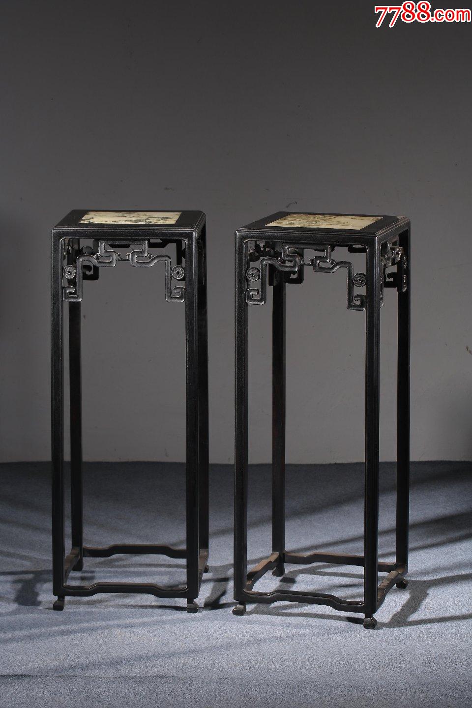 旧藏小叶紫檀雕龙纹嵌云石面花几一对