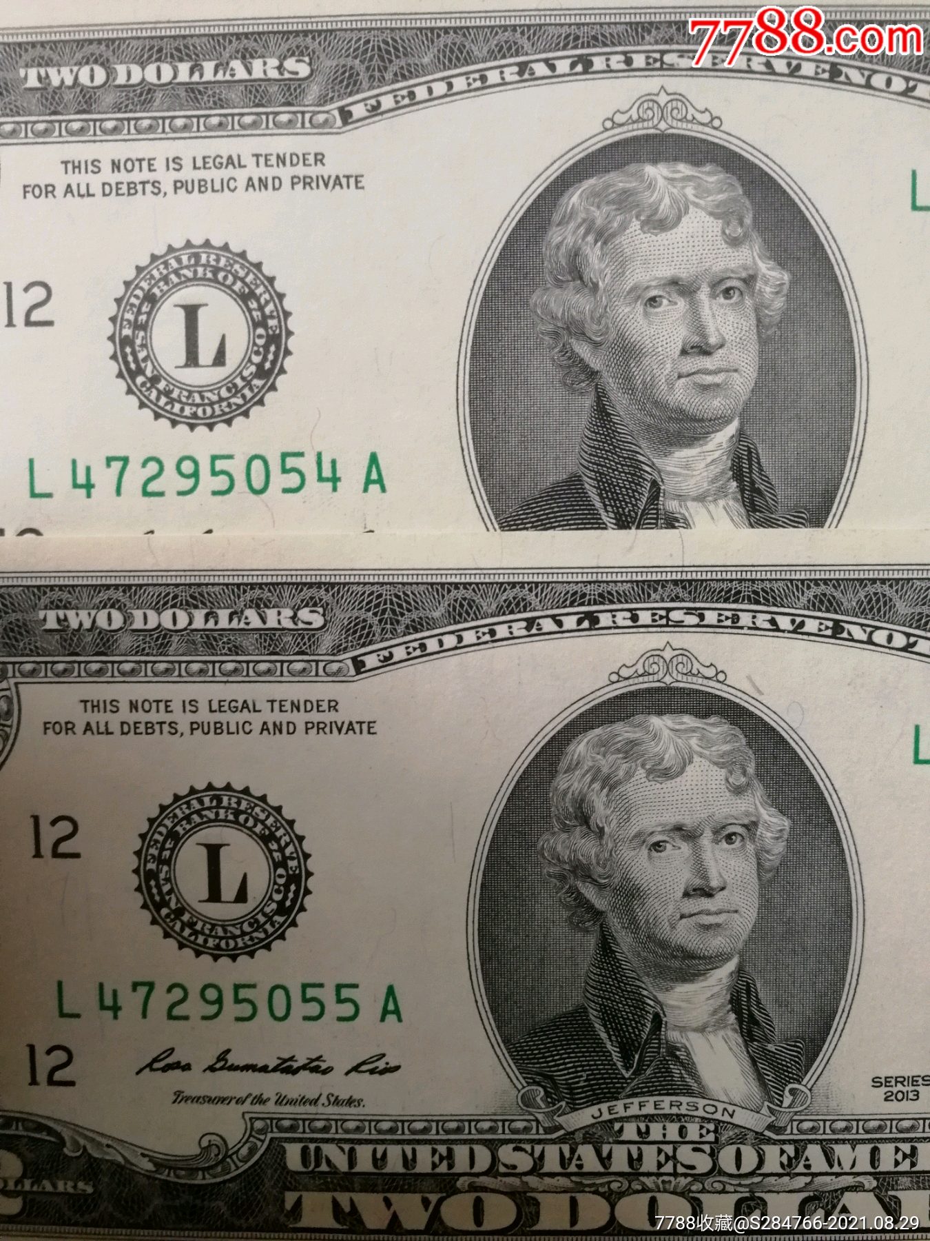 全新两张连号2013年版2美元纸币