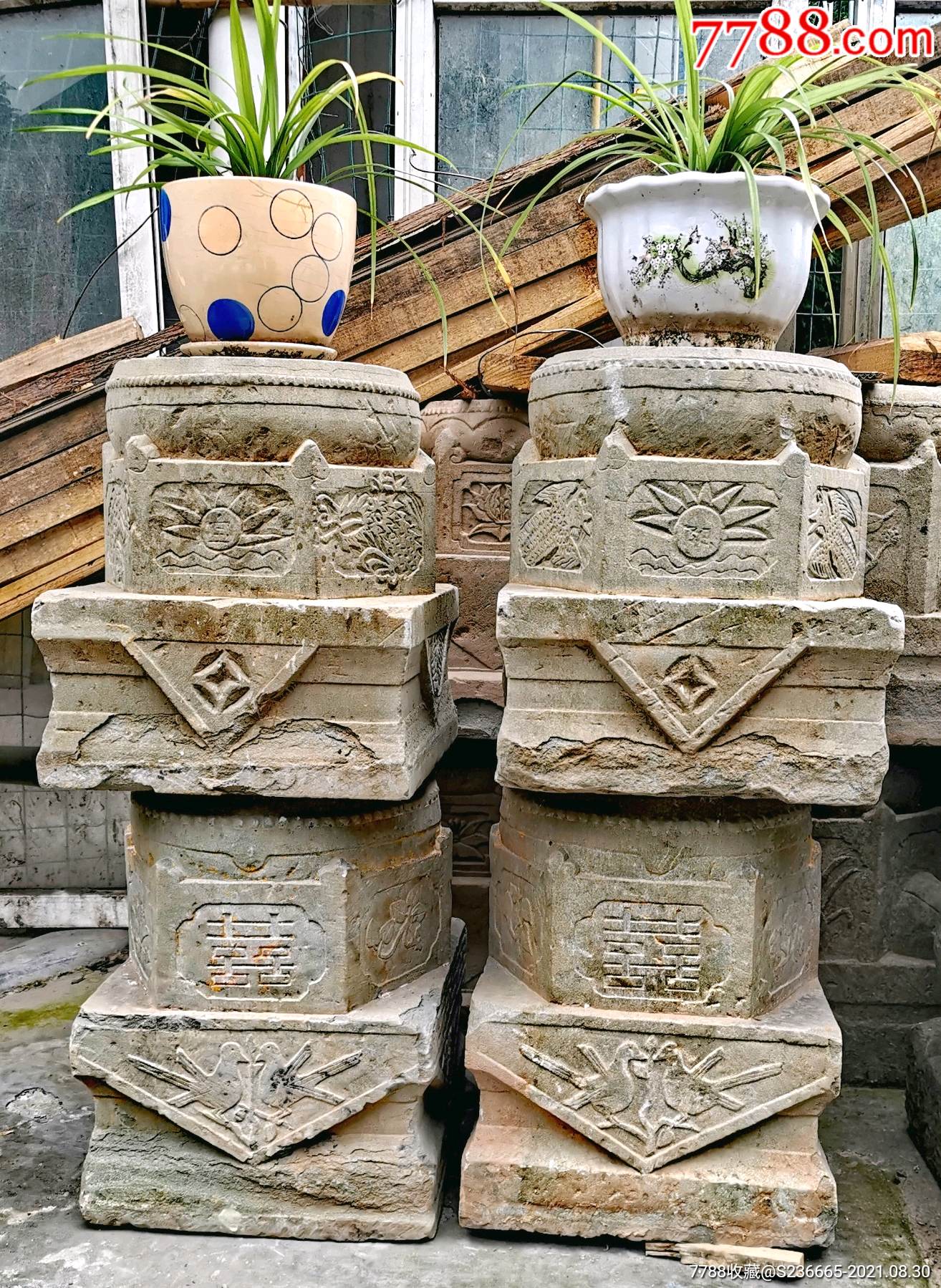 满工雕花老石墩一对