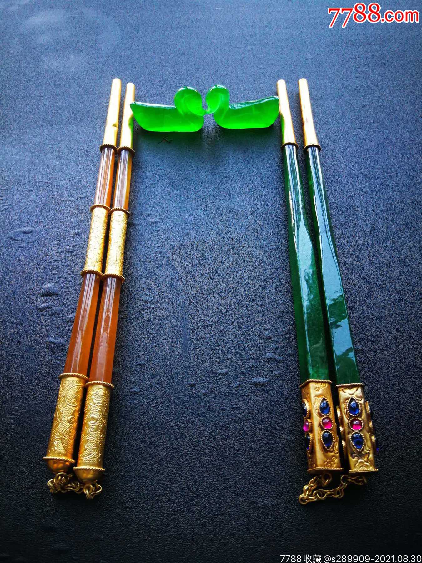 顶级龙石种帝王绿翡翠包金筷子两双