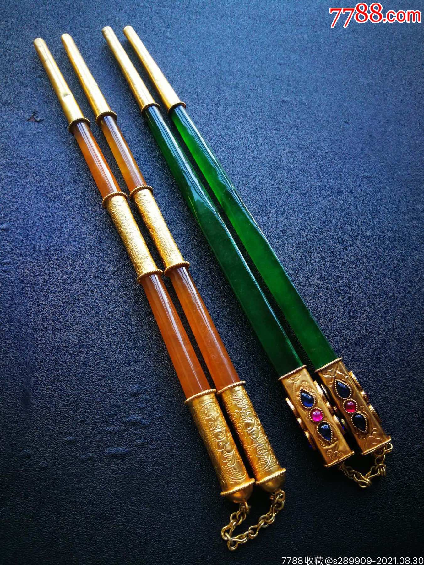 顶级龙石种帝王绿翡翠包金筷子两双