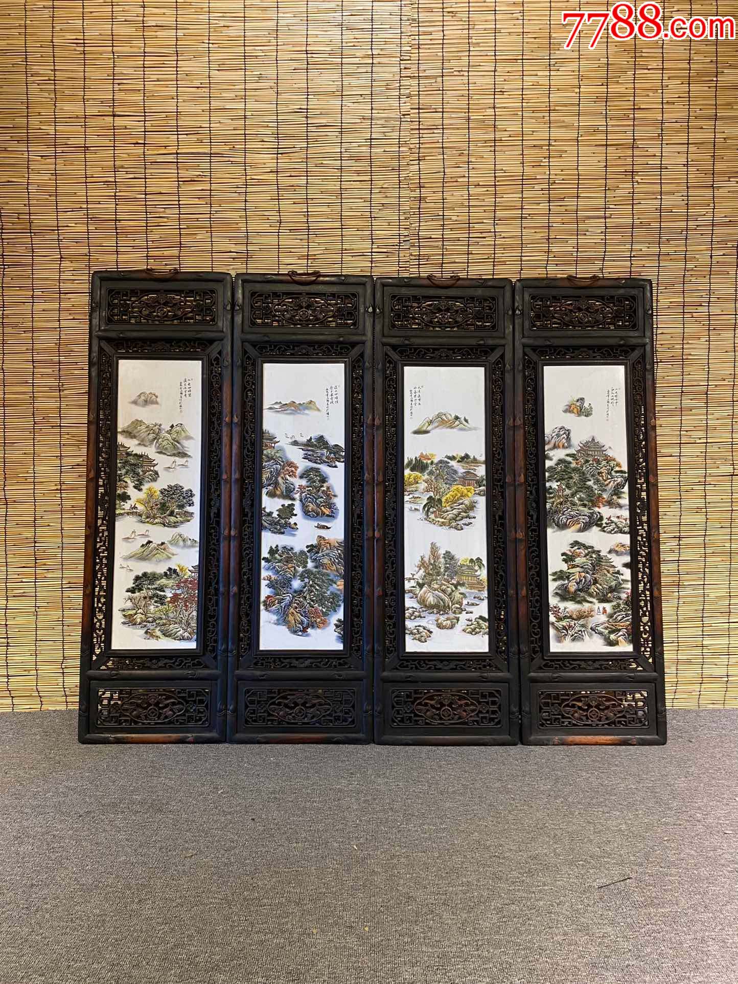 精品小叶紫檀雕刻老框镶瓷板画粉彩山水山水四条挂屏