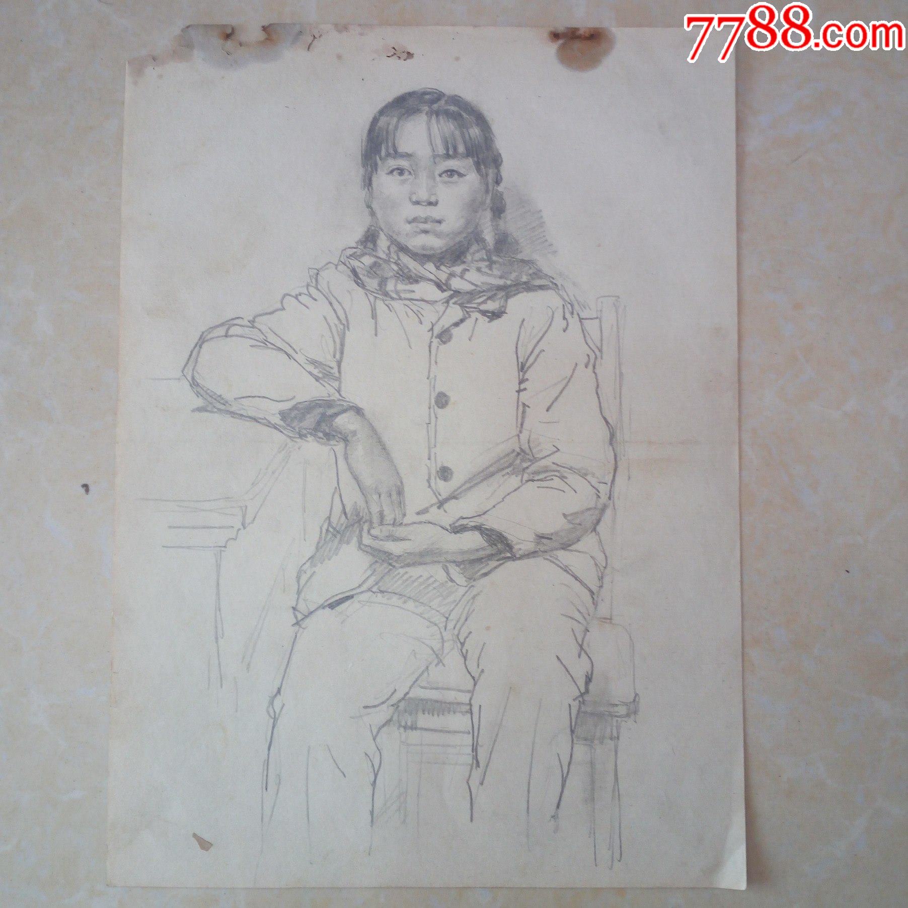 文革知青画家速写原稿-扎辫子的小女孩