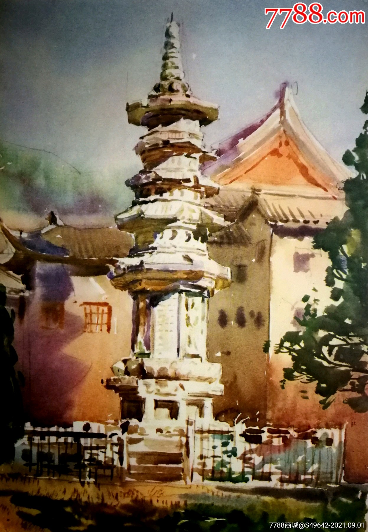 怀旧老建筑:剪贴画《南京栖霞山舍利塔》水彩.崔豫章1977年作!