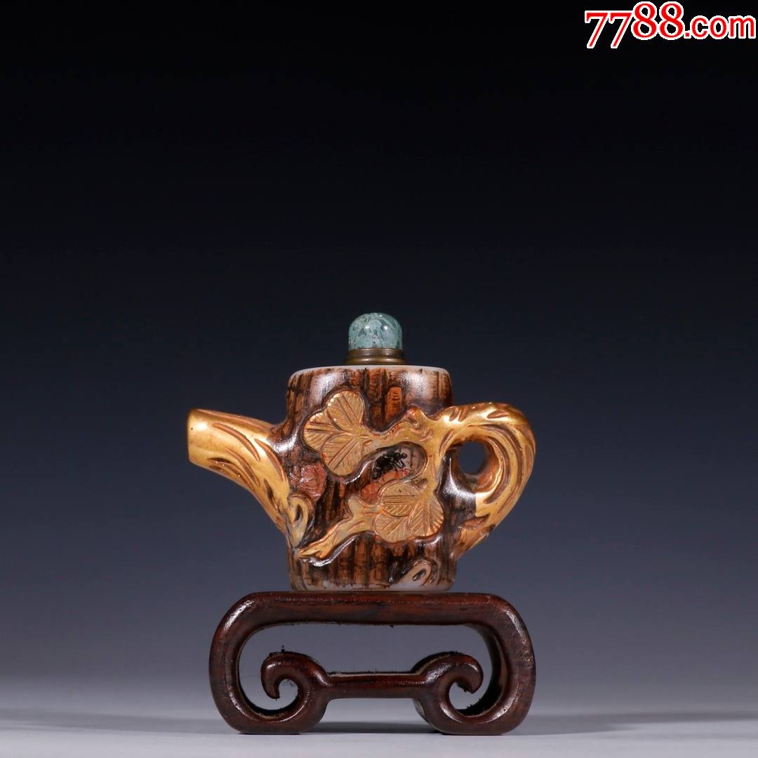 老料器树纹茶壶形鼻烟壶