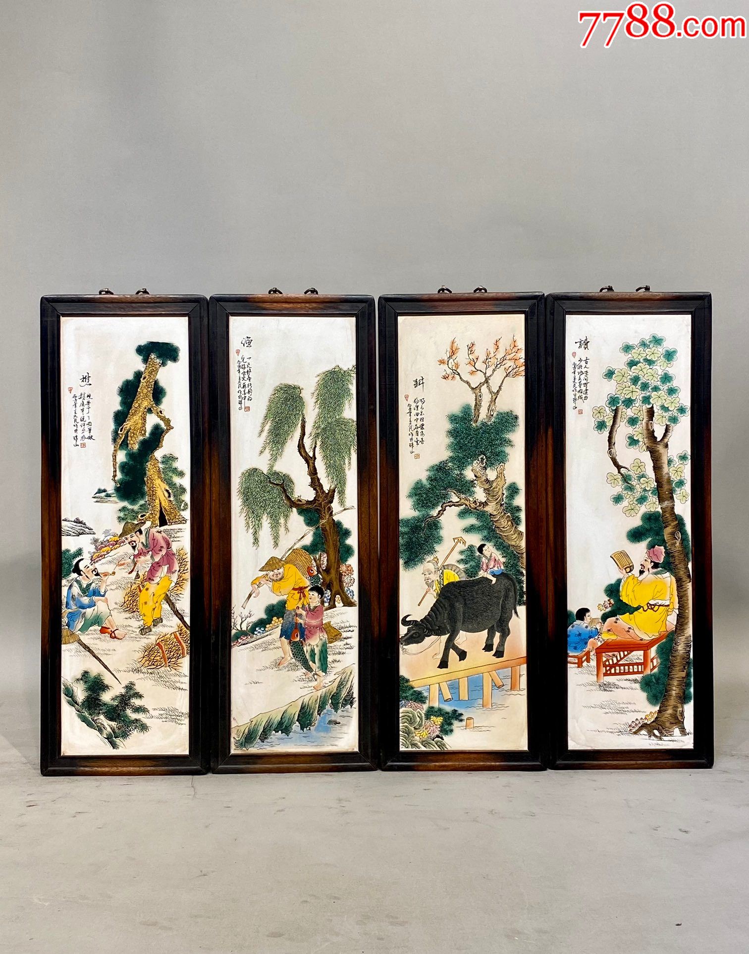 王大凡作品精品小叶紫檀老框镶瓷板画粉彩渔樵耕读人物四条挂屏