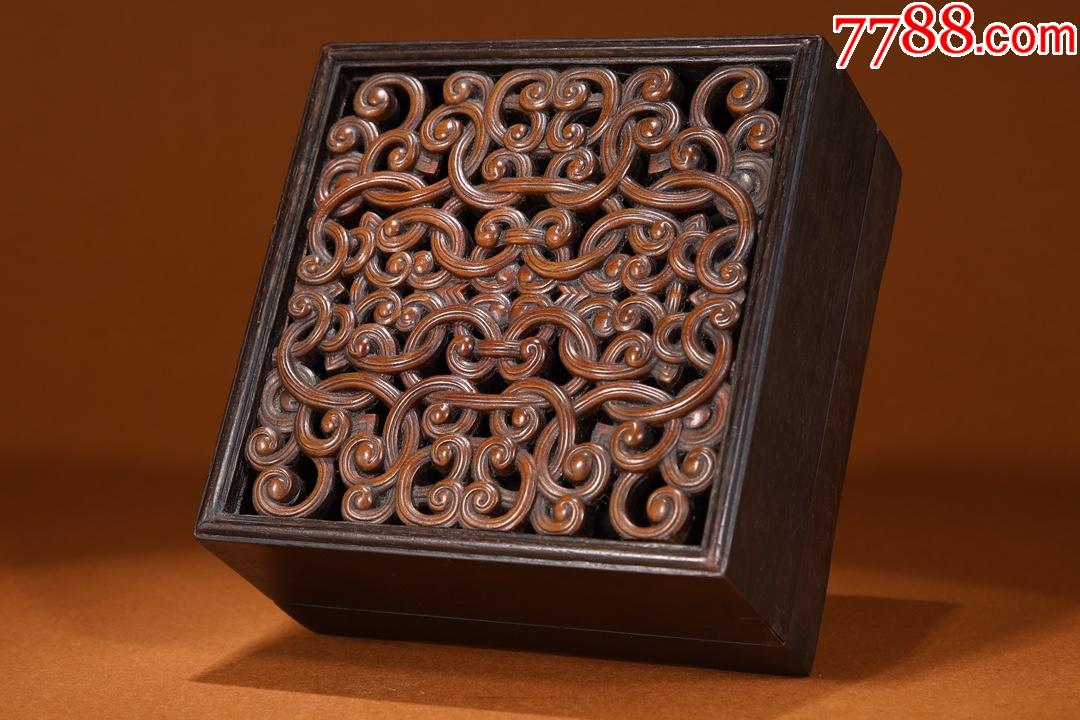 红木嵌黄杨木卷草纹盖盒-价格:3000元-se82430078-木雕摆件-零售-7788