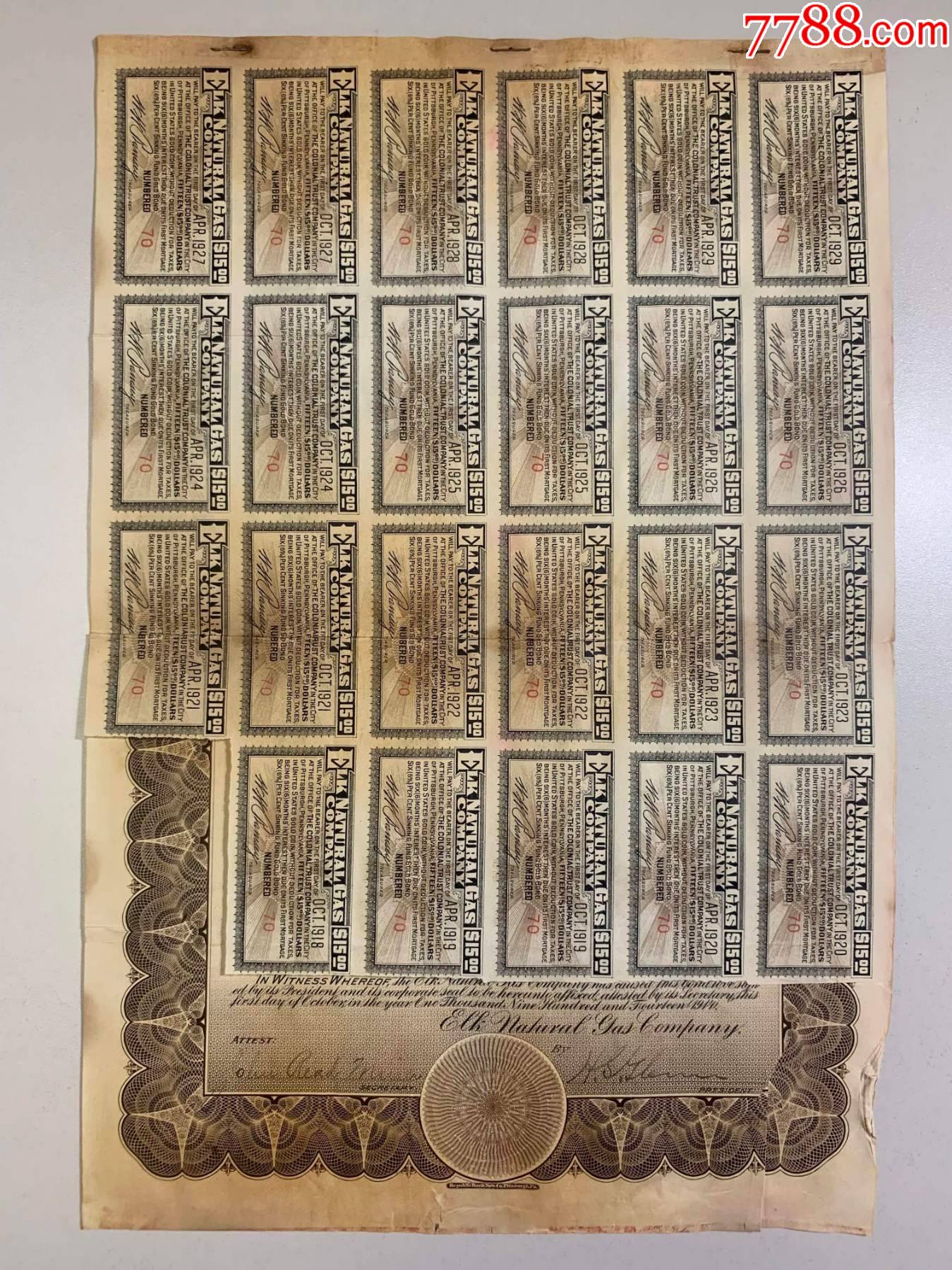 美国债券收藏:1914年麋鹿天然气公司债券500美元_公债/国债_第3张