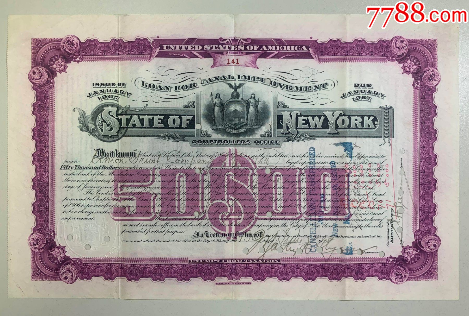 美国债券收藏:1908年纽约州改善运河债券50000美元