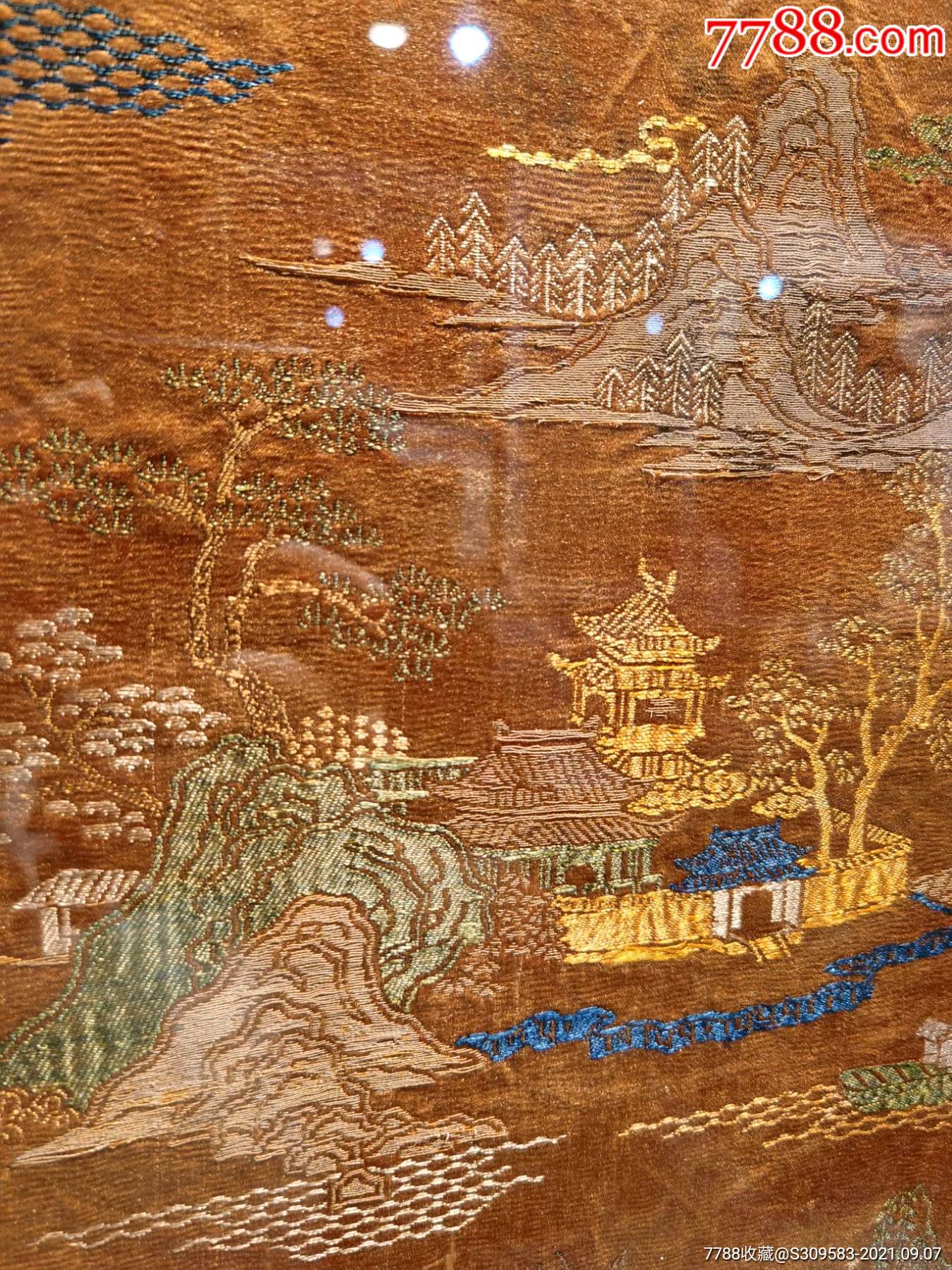 清中期妆花织锦山水楼阁人物-苏绣画-7788铜镜收藏