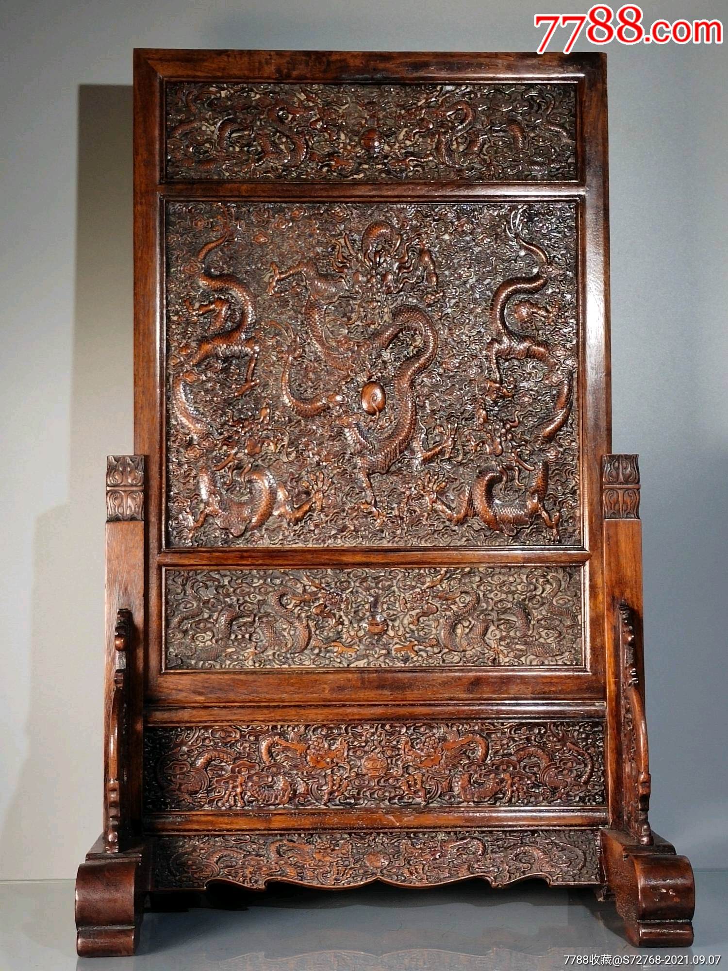 花梨木手工满工高浮雕龙纹大屏风摆件