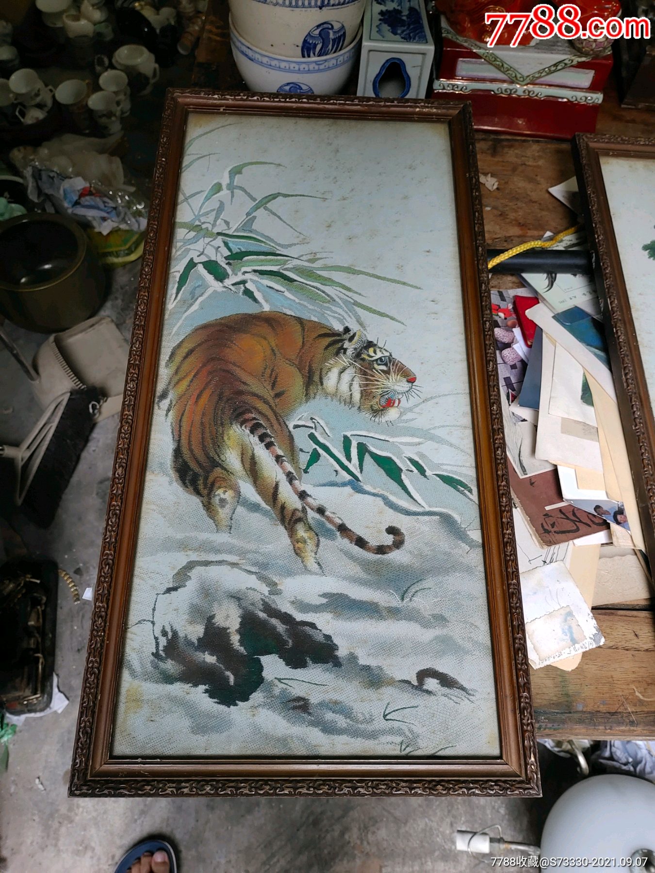 文革时期,杭州丝绸厂,猛虎丝织画一张,带原框-价格:350元-se82469171-