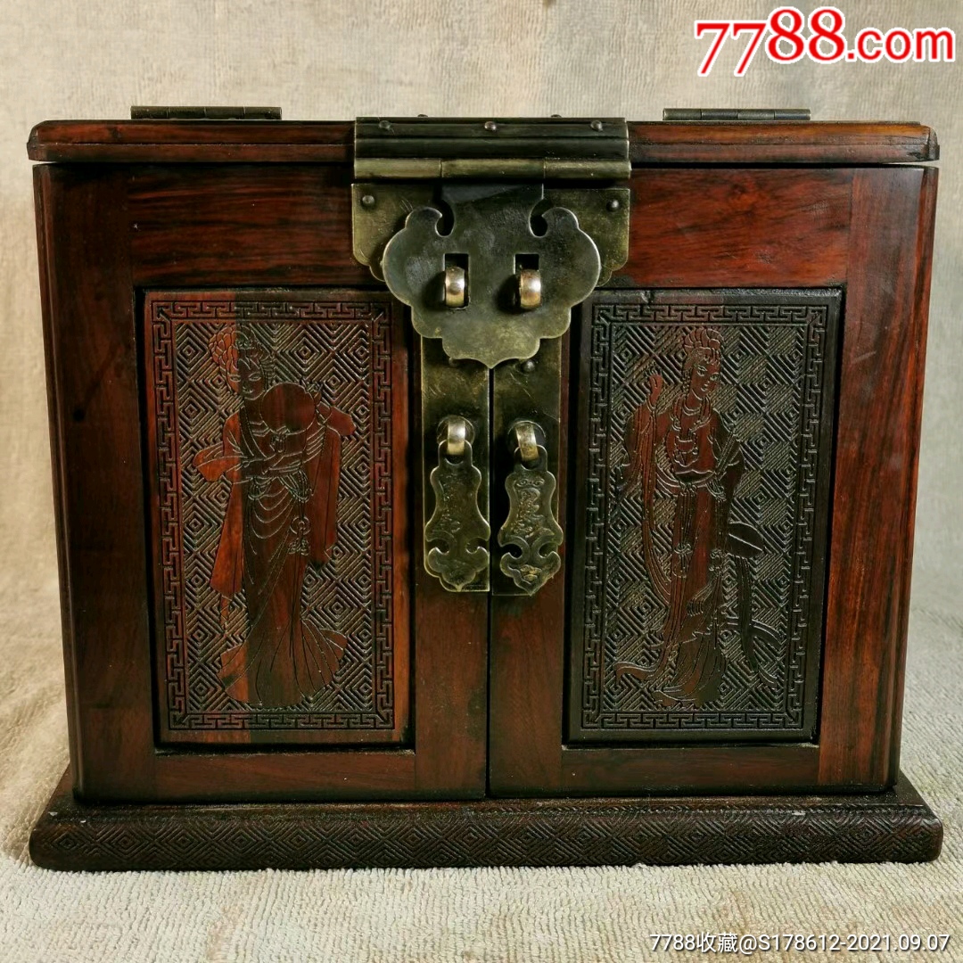 旧藏乡下偶得清代时期黄花梨木雕花开富贵官箱首饰盒一套木质纹理清晰