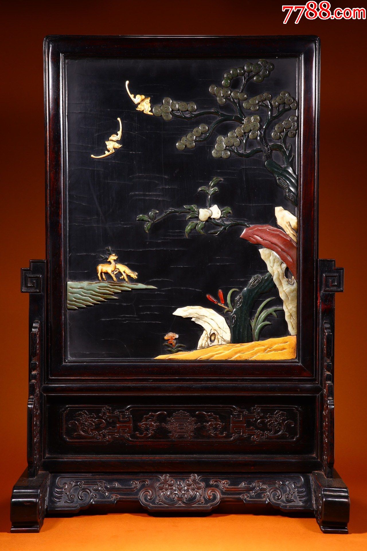 大漆黑地百宝嵌"福禄寿"插屏