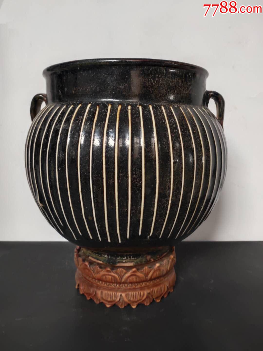 5品99【】唐代黑釉白线双系罐