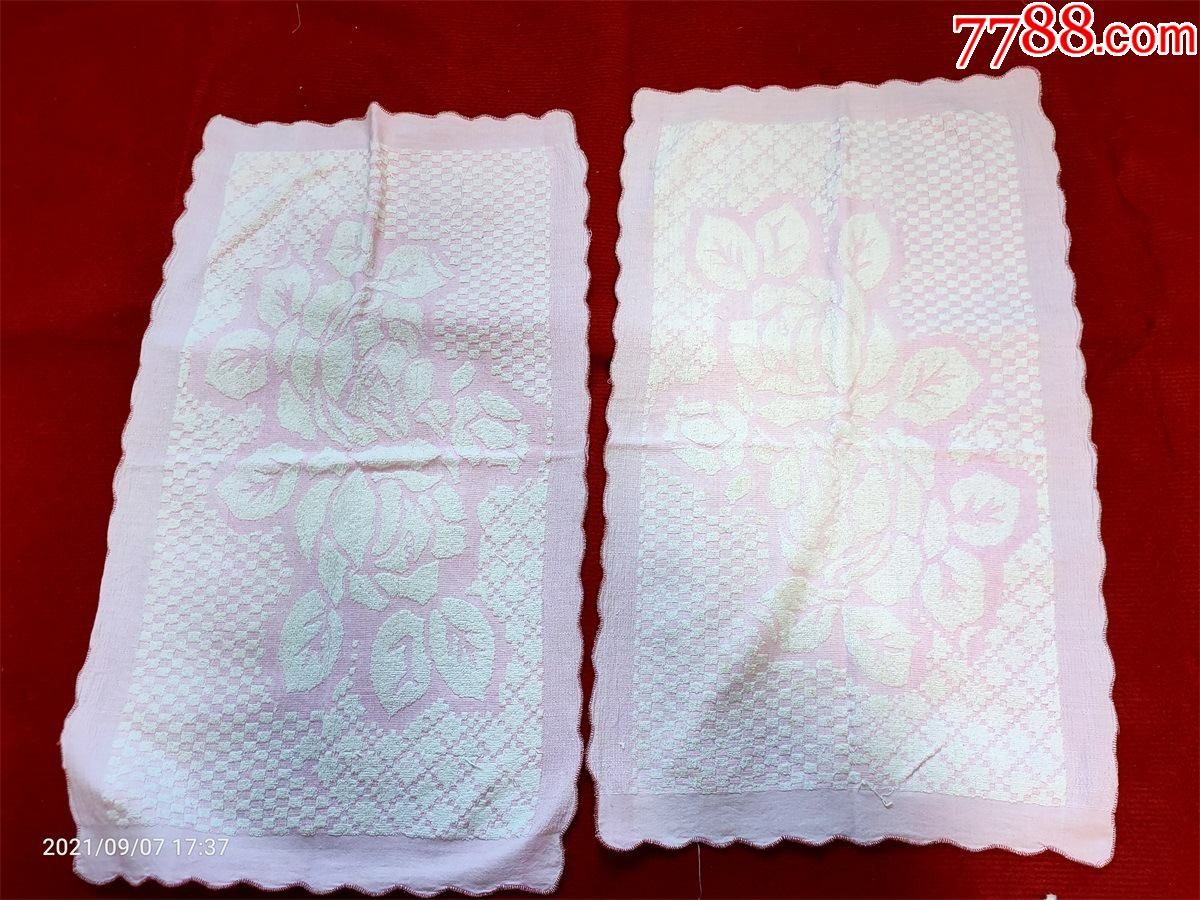 怀旧收藏八十年代枕巾一对儿玫瑰花朵图案提花